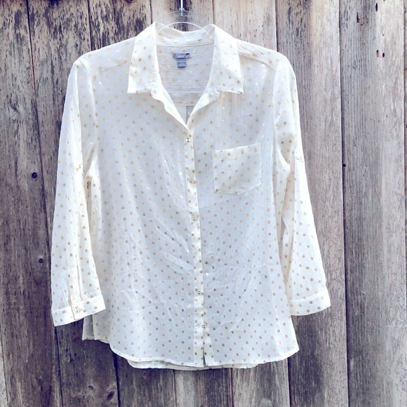 aerie Sheer Gold Polka Dot Long Sleeve Blouse Button Down Medium - Picture 1 of 7